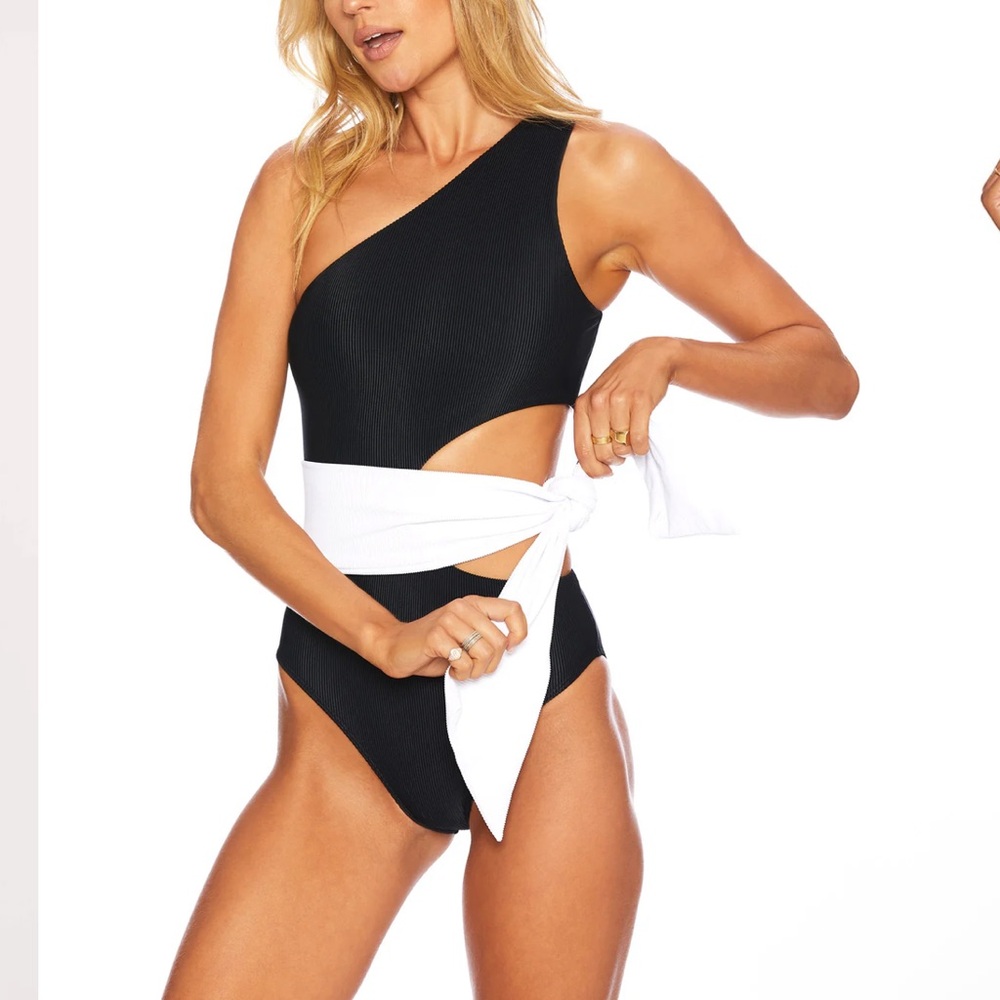 Beach Riot Black One-Shoulder Cutout Swimsuit with White Tie